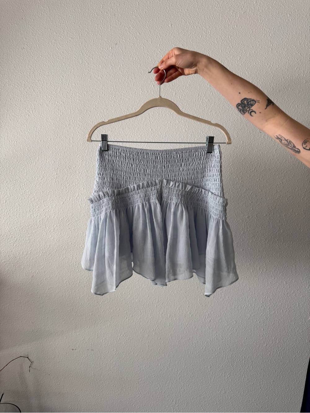 All Saints Light Blue Smocked Tiered Mini Skirt